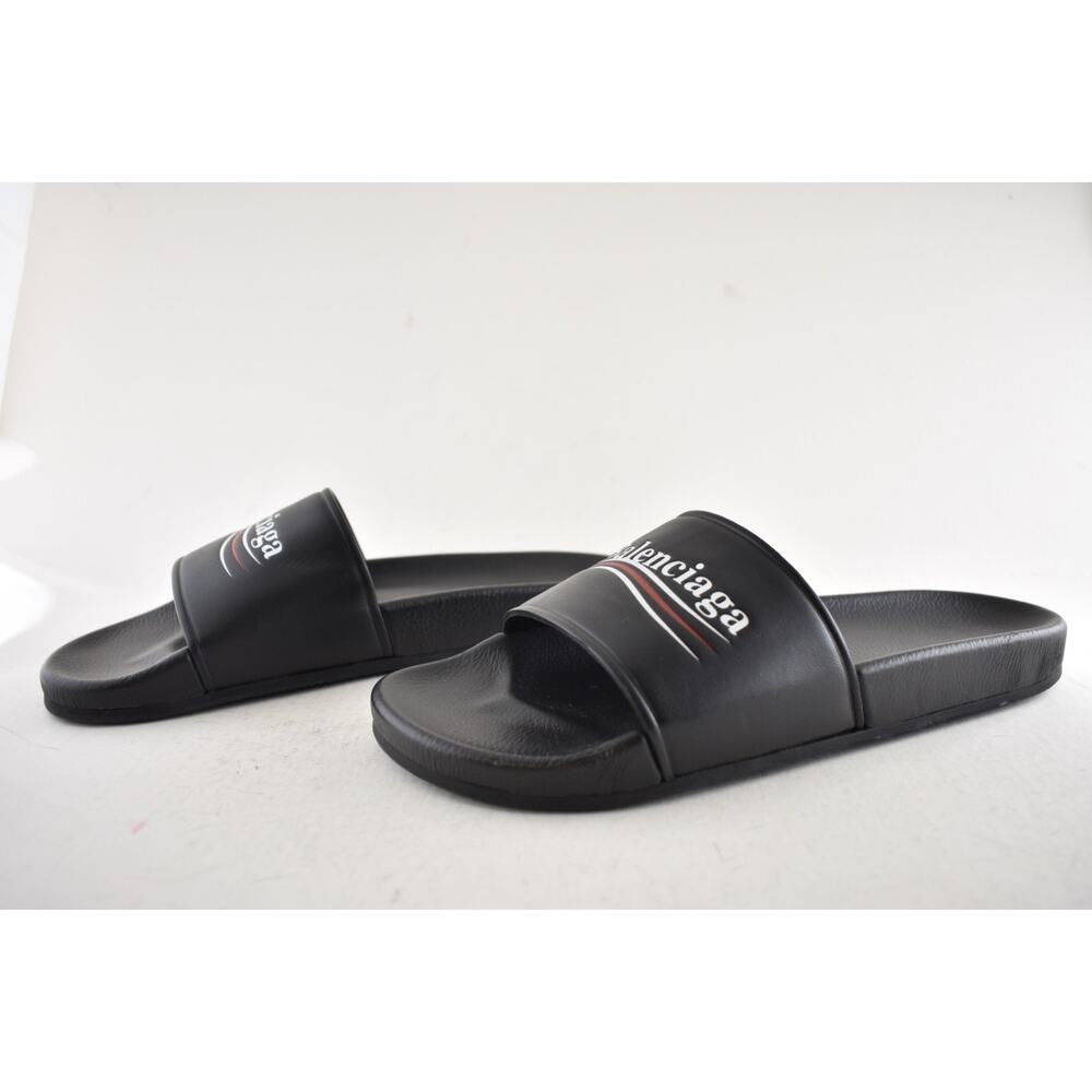 Balenciaga Black Leather Campaign Logo Slide Pool Sandal Flip Flop Flat 44 11 - Picture 12 of 15
